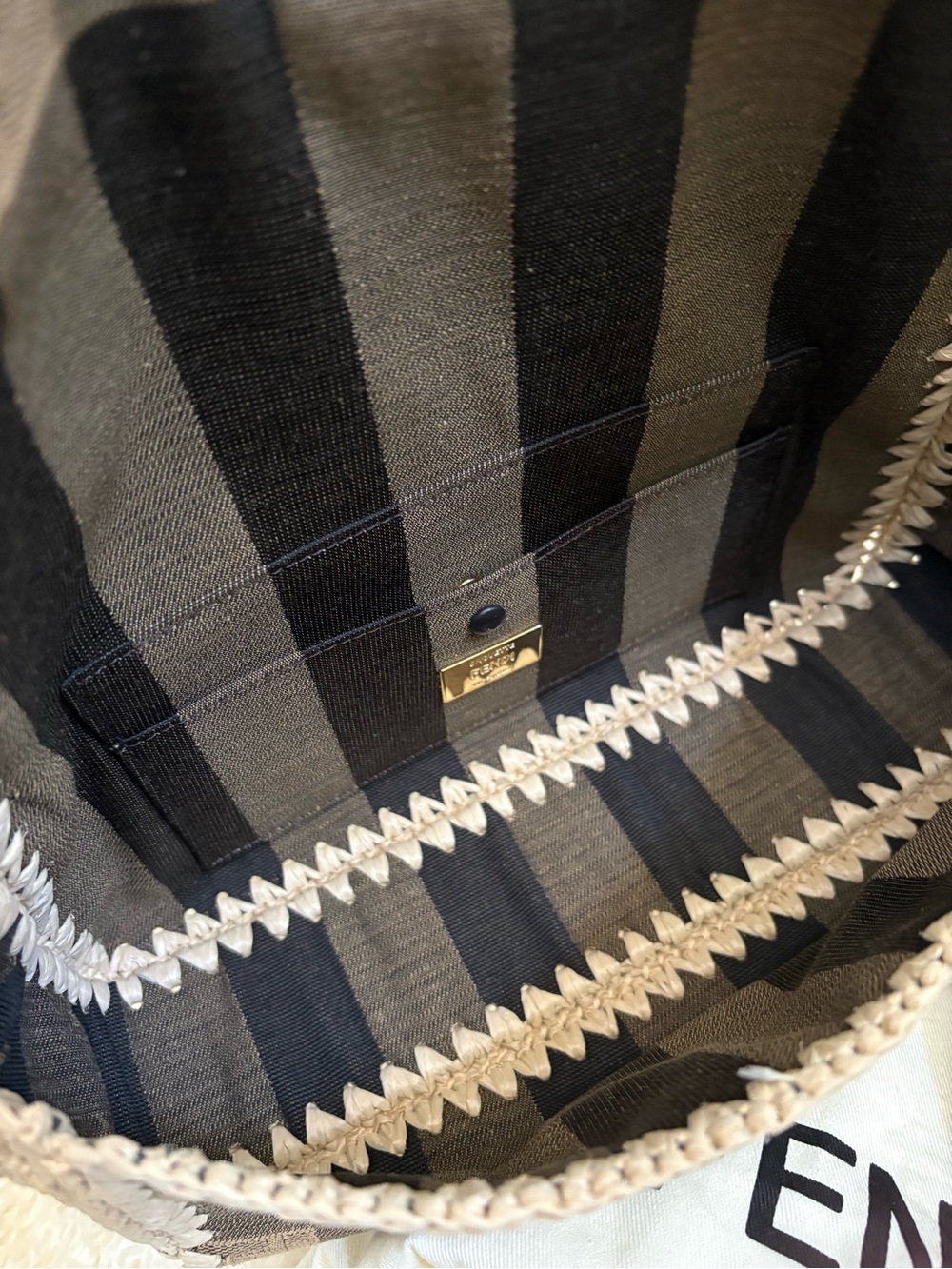 FENDI Fabric Jacquard Raffia Straw Pequin Gingham Woven Baguette Beige Black - Picture 15 of 16